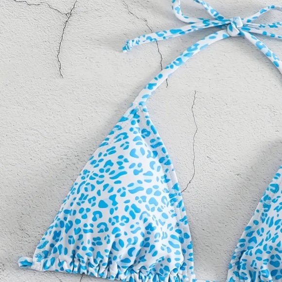 2 Piece Swimsuit, Halter Tide Side Triangle Bikini, Spaghetti Strap - Blue - Picture 3 of 6